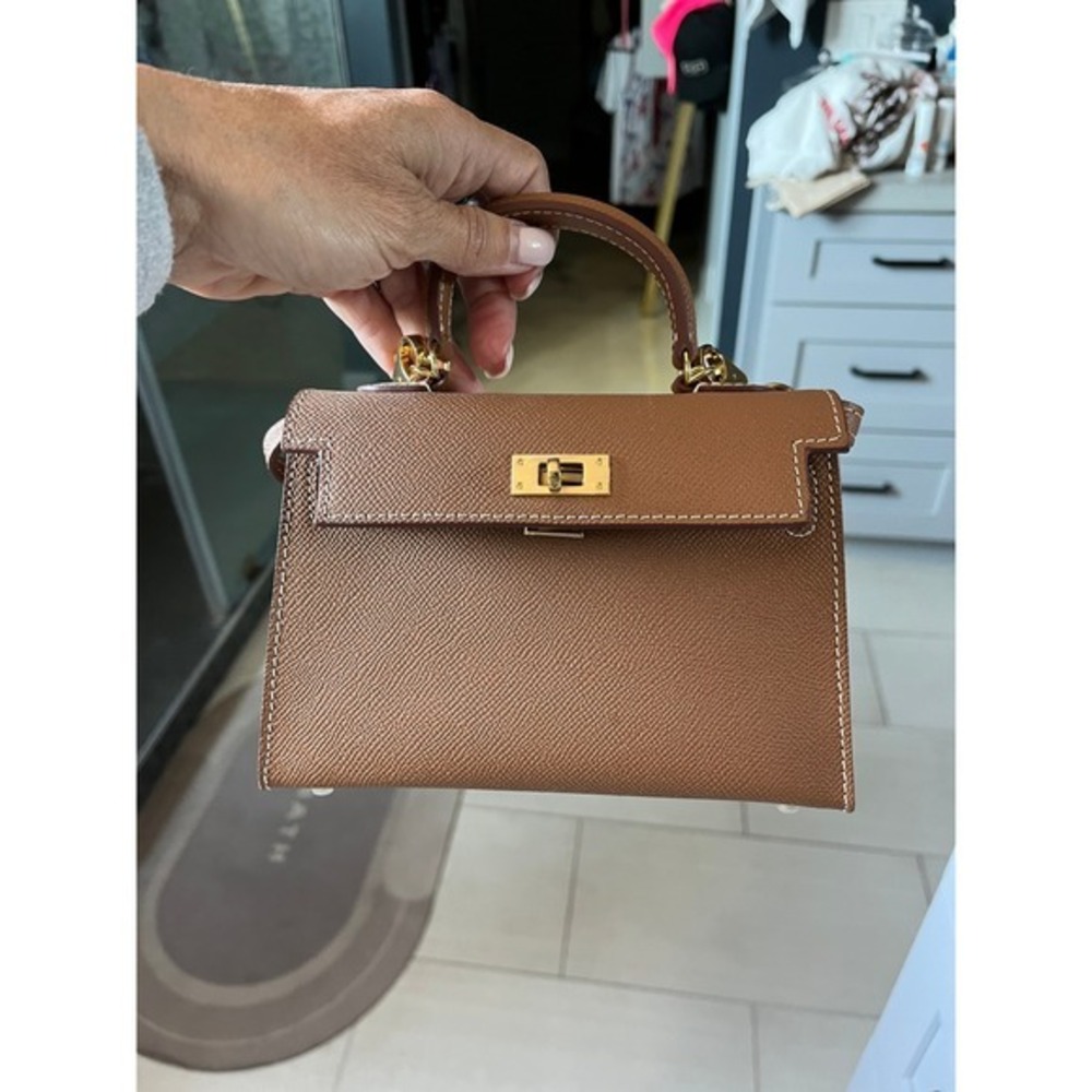 Brown Genuine Leather Mini Top Handle Crossbody Bag Gold Hardware Classic Chic - Picture 3 of 12